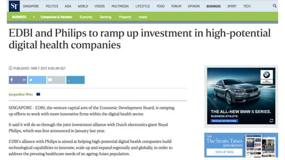 经济发展局风险投资部门和飞利浦要加大对高潜力数字健康公司的投资